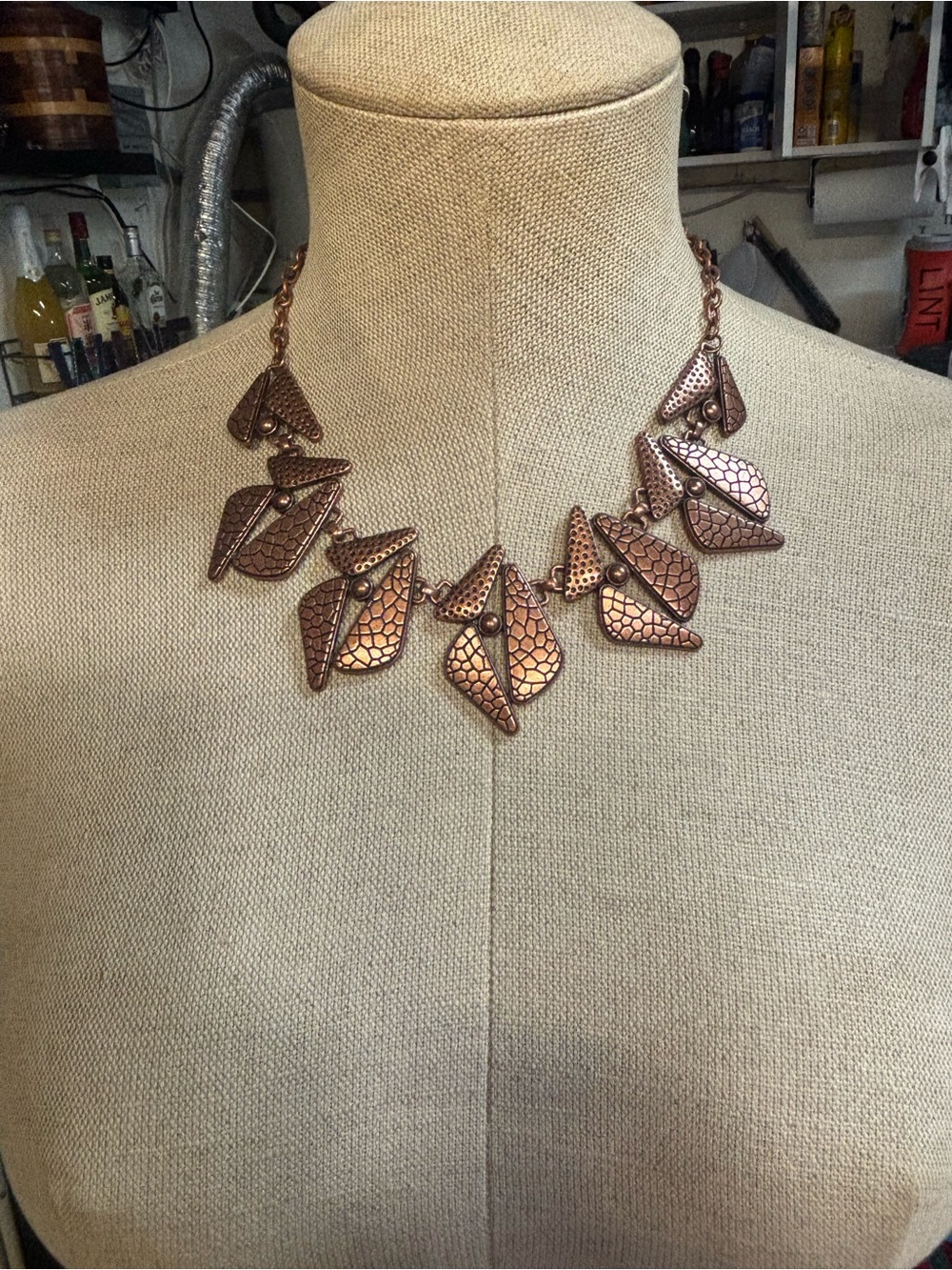 Handcrafted Copper-Tone Statement Necklace - Geometric Leaf Design